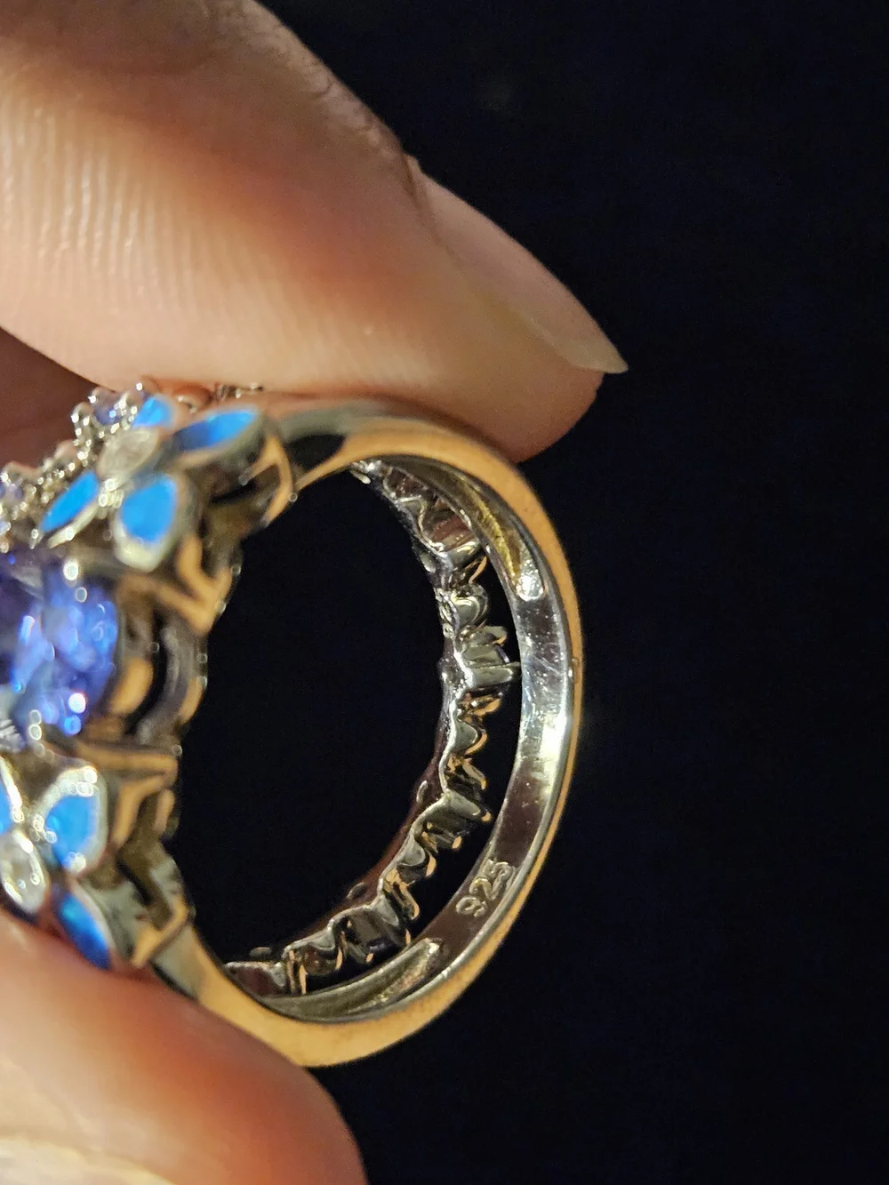 925S Iollite And Blue Lab Crushed Opal Floral Ring